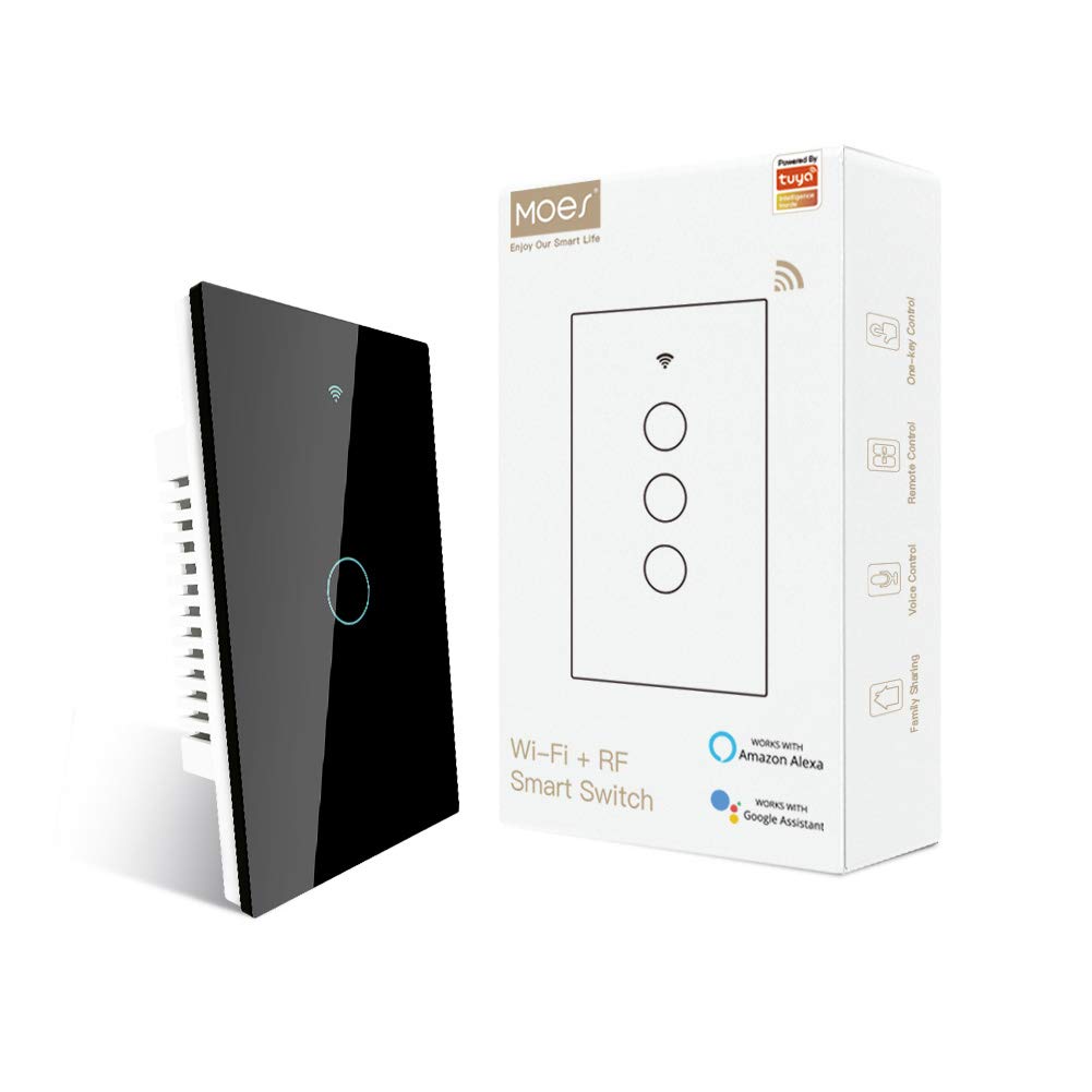 MOES WiFi Smart Touch Wall Light Switch, Neutral Wire Needed, Black 3 Gang | Glass Panel Switch, 3 Way Multi-Control; Works with Smart Life/Tuya App, RF433 Remote, Alexa and Google Home; 2.4GHz WiFi