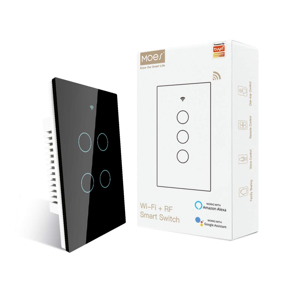 MOES WiFi Smart Touch Wall Light Switch, Neutral Wire Needed, Black 3 Gang | Glass Panel Switch, 3 Way Multi-Control; Works with Smart Life/Tuya App, RF433 Remote, Alexa and Google Home; 2.4GHz WiFi