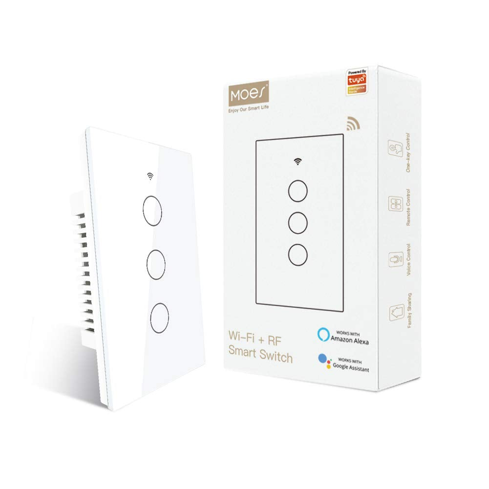 MOES WiFi Smart Touch Wall Light Switch, Neutral Wire Needed, Black 3 Gang | Glass Panel Switch, 3 Way Multi-Control; Works with Smart Life/Tuya App, RF433 Remote, Alexa and Google Home; 2.4GHz WiFi
