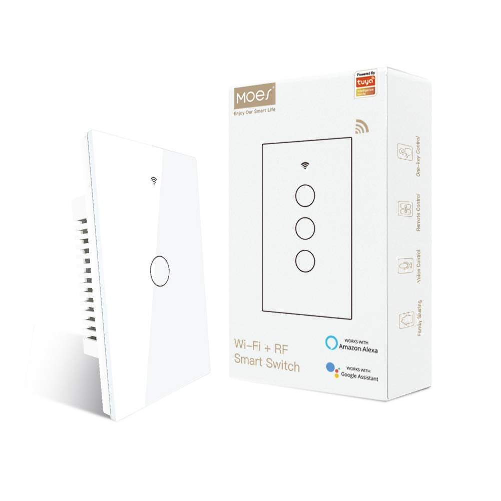 MOES WiFi Smart Touch Wall Light Switch, Neutral Wire Needed, Black 3 Gang | Glass Panel Switch, 3 Way Multi-Control; Works with Smart Life/Tuya App, RF433 Remote, Alexa and Google Home; 2.4GHz WiFi