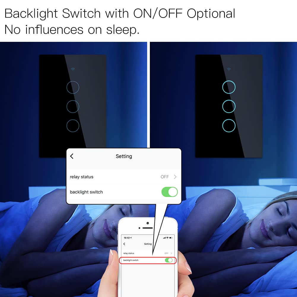 MOES WiFi Smart Touch Wall Light Switch, Neutral Wire Needed, Black 3 Gang | Glass Panel Switch, 3 Way Multi-Control; Works with Smart Life/Tuya App, RF433 Remote, Alexa and Google Home; 2.4GHz WiFi