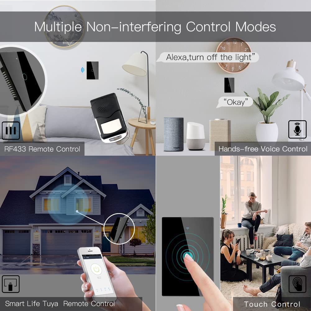 MOES WiFi Smart Touch Wall Light Switch, Neutral Wire Needed, Black 3 Gang | Glass Panel Switch, 3 Way Multi-Control; Works with Smart Life/Tuya App, RF433 Remote, Alexa and Google Home; 2.4GHz WiFi