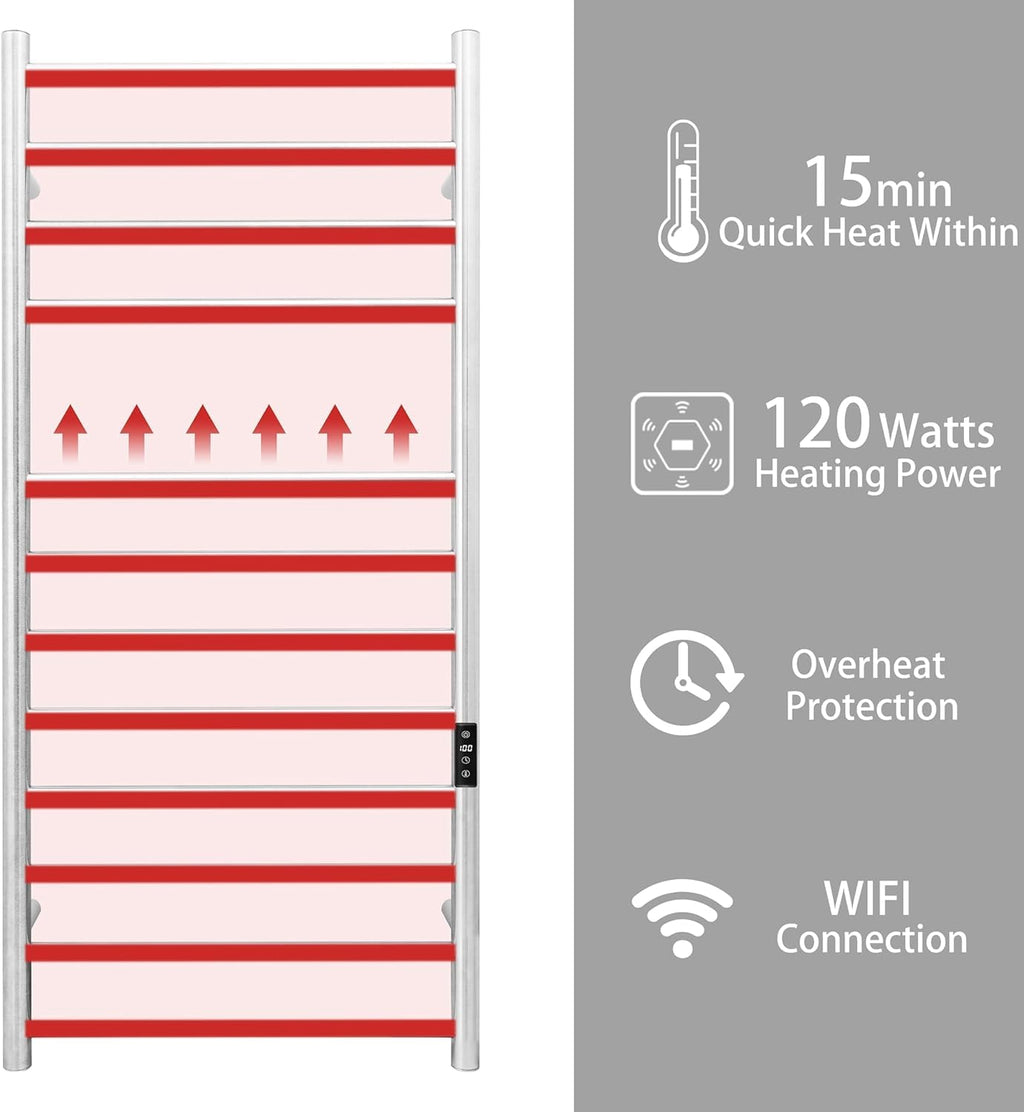KEG Smart WiFi Towel Warmer Wall Mounted with Built-in Timer and Temperature Adjust Control, 4 Bars Electric Stainless Steel Heated Towel Racks for Bathroom Matte Black