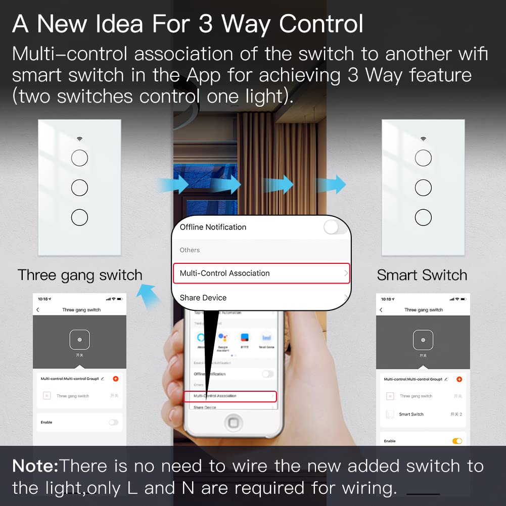 MOES WiFi Smart Touch Wall Light Switch, Neutral Wire Needed, Black 3 Gang | Glass Panel Switch, 3 Way Multi-Control; Works with Smart Life/Tuya App, RF433 Remote, Alexa and Google Home; 2.4GHz WiFi