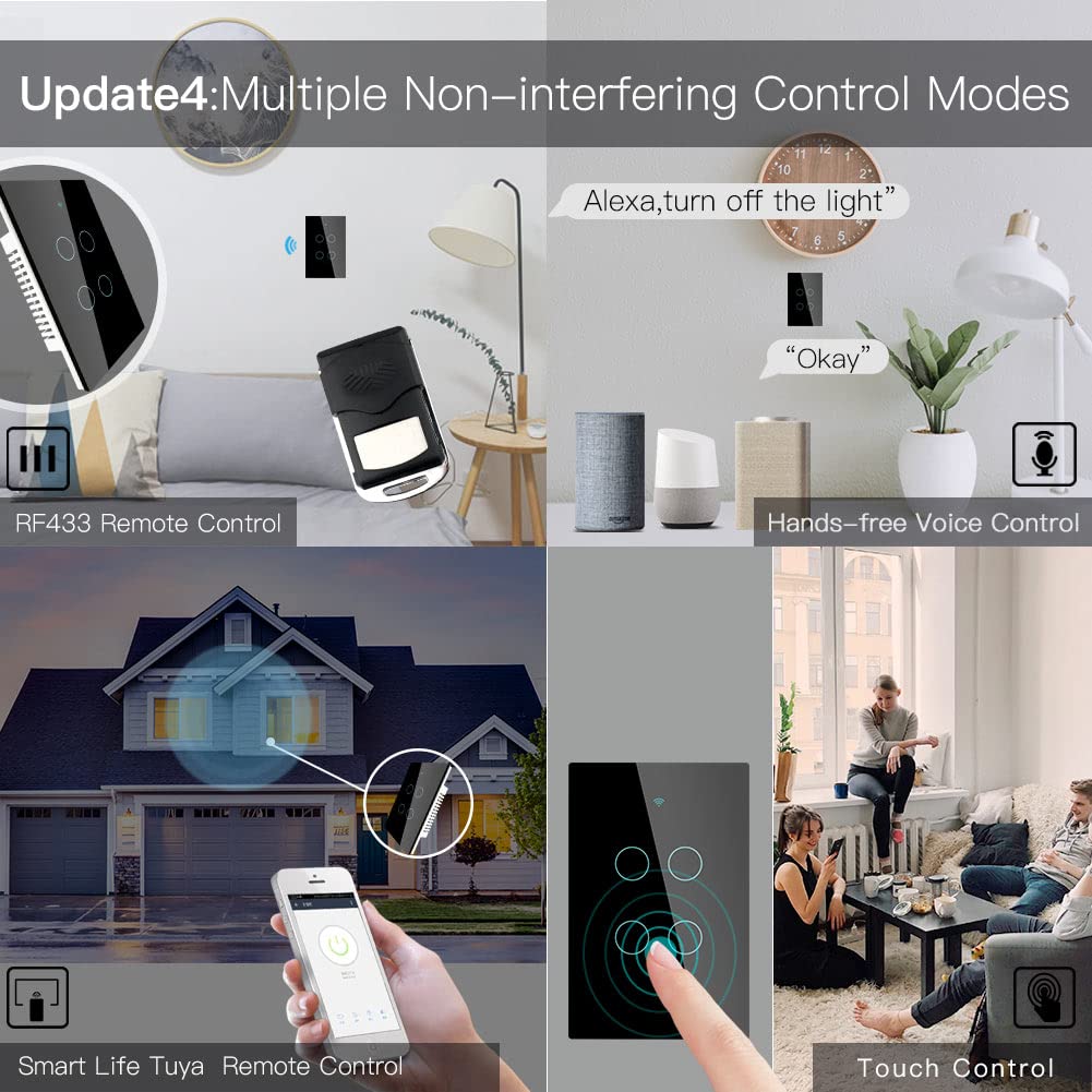 MOES WiFi Smart Touch Wall Light Switch, Neutral Wire Needed, Black 3 Gang | Glass Panel Switch, 3 Way Multi-Control; Works with Smart Life/Tuya App, RF433 Remote, Alexa and Google Home; 2.4GHz WiFi