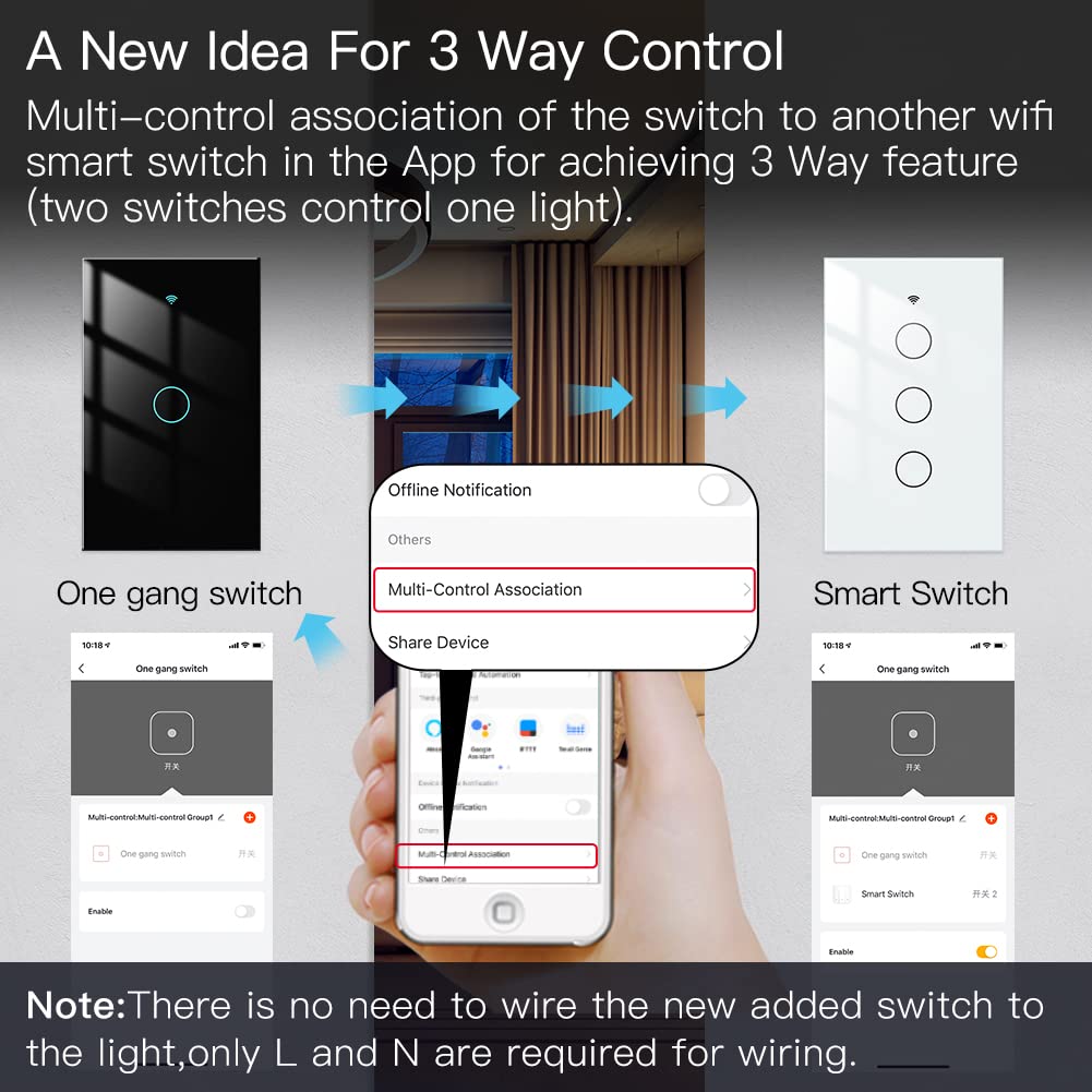MOES WiFi Smart Touch Wall Light Switch, Neutral Wire Needed, Black 3 Gang | Glass Panel Switch, 3 Way Multi-Control; Works with Smart Life/Tuya App, RF433 Remote, Alexa and Google Home; 2.4GHz WiFi