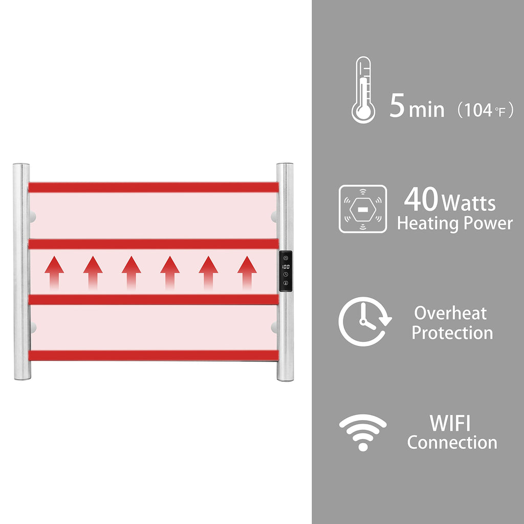 KEG Smart WiFi Towel Warmer Wall Mounted with Built-in Timer and Temperature Adjust Control, 4 Bars Electric Stainless Steel Heated Towel Racks for Bathroom Matte Black