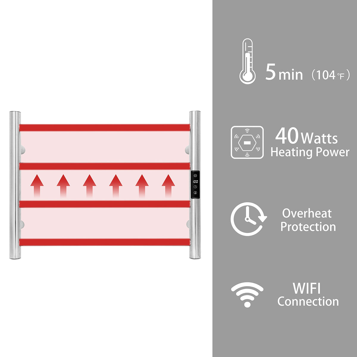 KEG Smart WiFi Towel Warmer Wall Mounted with Built-in Timer and Temperature Adjust Control, 4 Bars Electric Stainless Steel Heated Towel Racks for Bathroom Matte Black