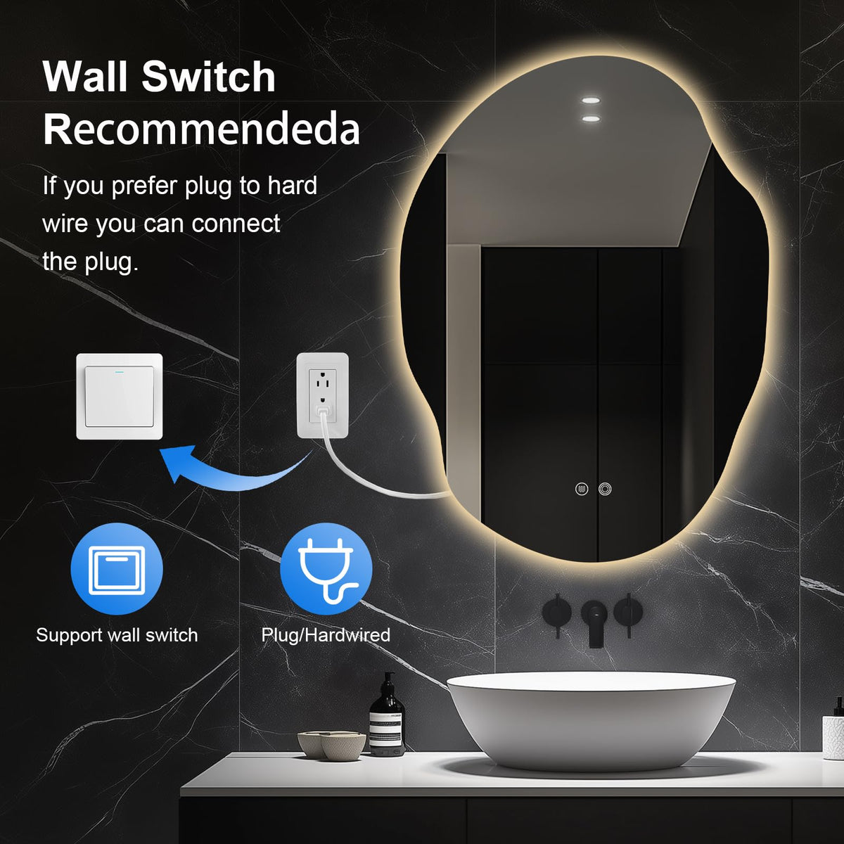 Asymmetrical LED Bathroom Mirror with Lights,Irregular Led Bathroom Vanity Mirror for Wall with Backlit, Anti Fog, 3 Colors and Dimmable Light,[Horizontal/Vertical] 48" H x 30" W