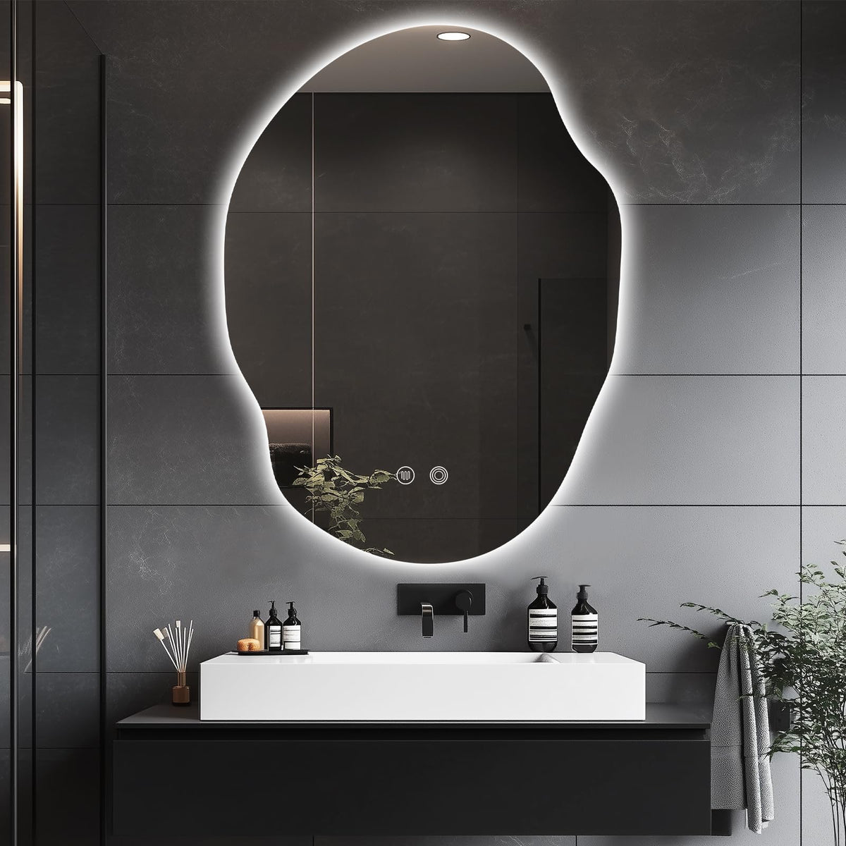 Asymmetrical LED Bathroom Mirror with Lights,Irregular Led Bathroom Vanity Mirror for Wall with Backlit, Anti Fog, 3 Colors and Dimmable Light,[Horizontal/Vertical] 48" H x 30" W
