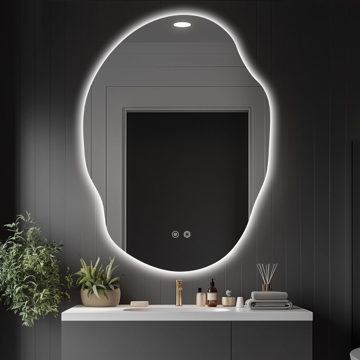Asymmetrical LED Bathroom Mirror with Lights,Irregular Led Bathroom Vanity Mirror for Wall with Backlit, Anti Fog, 3 Colors and Dimmable Light,[Horizontal/Vertical] 48" H x 30" W