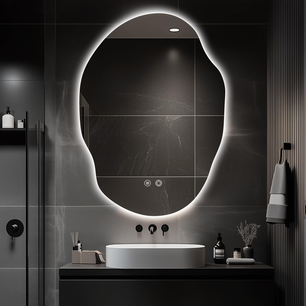 Asymmetrical LED Bathroom Mirror with Lights,Irregular Led Bathroom Vanity Mirror for Wall with Backlit, Anti Fog, 3 Colors and Dimmable Light,[Horizontal/Vertical] 48" H x 30" W