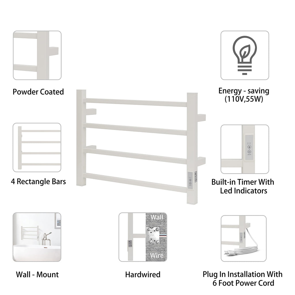 KEG Smart WiFi Towel Warmer Wall Mounted with Built-in Timer and Temperature Adjust Control, 4 Bars Electric Stainless Steel Heated Towel Racks for Bathroom Matte Black