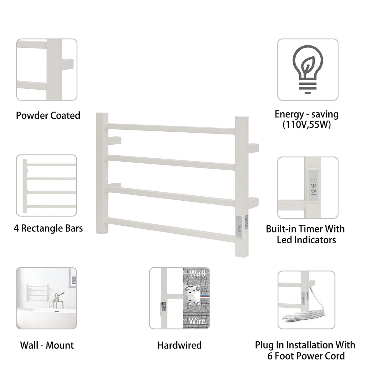 KEG Smart WiFi Towel Warmer Wall Mounted with Built-in Timer and Temperature Adjust Control, 4 Bars Electric Stainless Steel Heated Towel Racks for Bathroom Matte Black