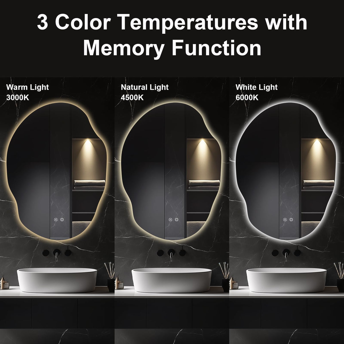 Asymmetrical LED Bathroom Mirror with Lights,Irregular Led Bathroom Vanity Mirror for Wall with Backlit, Anti Fog, 3 Colors and Dimmable Light,[Horizontal/Vertical] 48" H x 30" W
