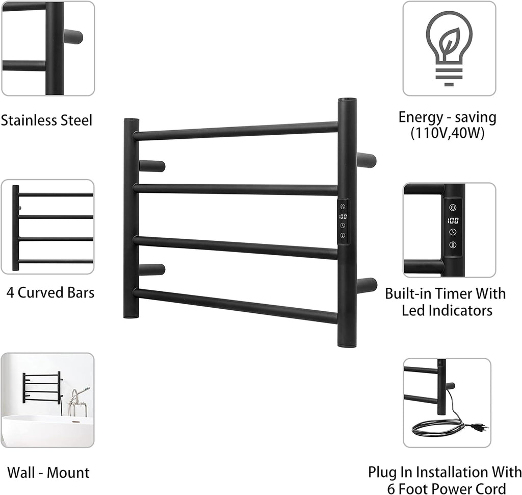 KEG Smart WiFi Towel Warmer Wall Mounted with Built-in Timer and Temperature Adjust Control, 4 Bars Electric Stainless Steel Heated Towel Racks for Bathroom Matte Black