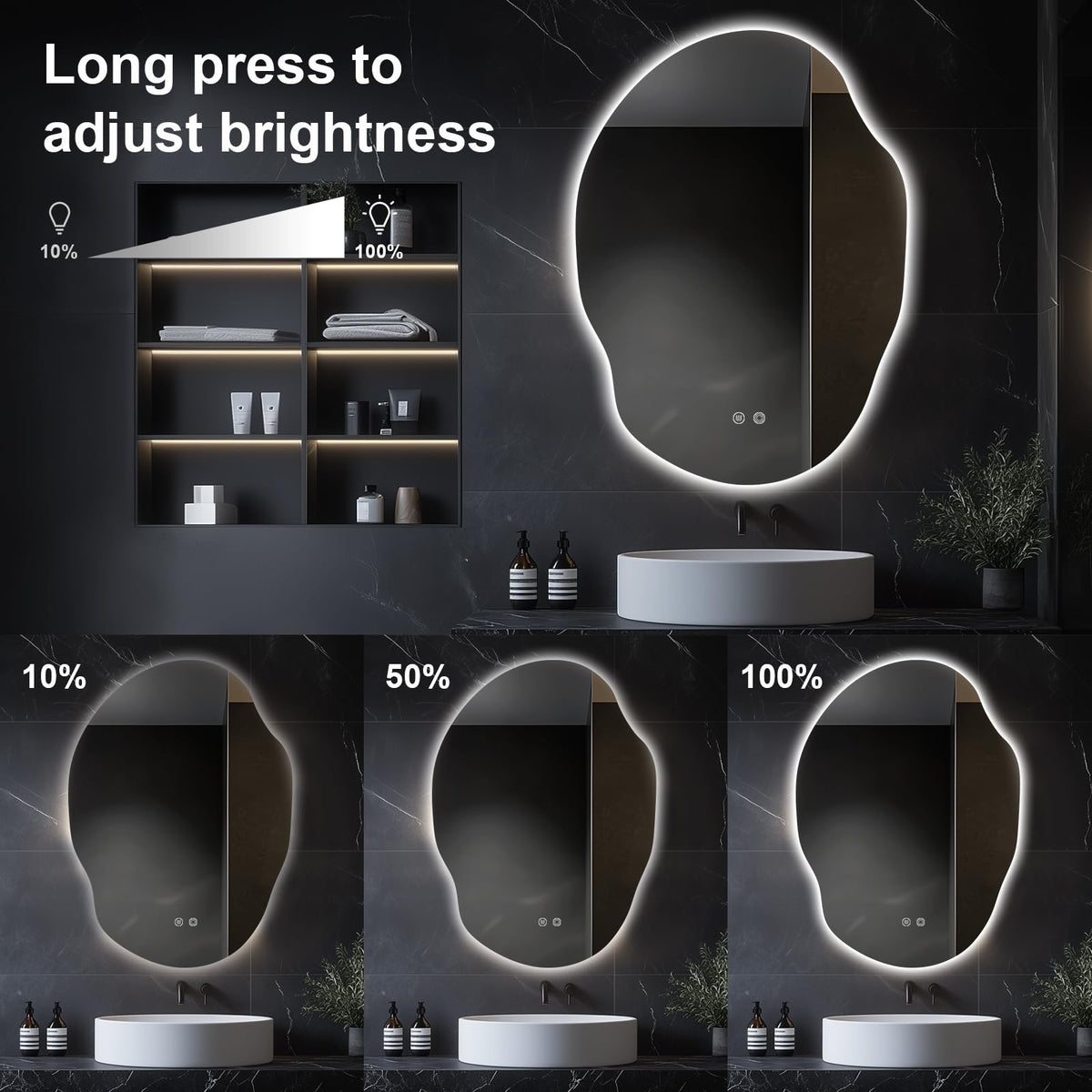 Asymmetrical LED Bathroom Mirror with Lights,Irregular Led Bathroom Vanity Mirror for Wall with Backlit, Anti Fog, 3 Colors and Dimmable Light,[Horizontal/Vertical] 48" H x 30" W