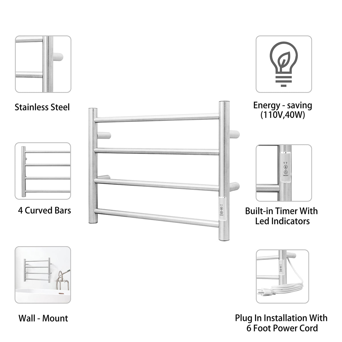 KEG Smart WiFi Towel Warmer Wall Mounted with Built-in Timer and Temperature Adjust Control, 4 Bars Electric Stainless Steel Heated Towel Racks for Bathroom Matte Black
