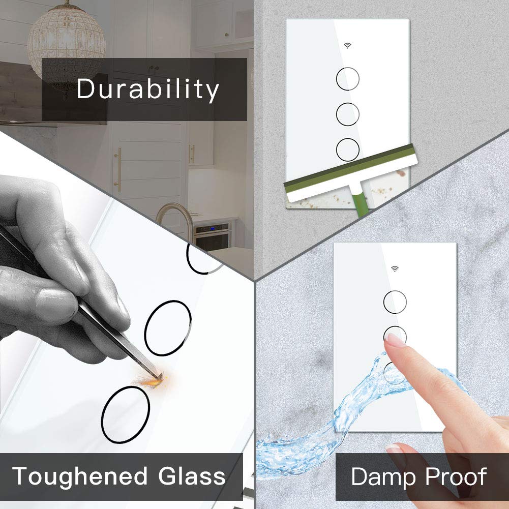 MOES WiFi Smart Touch Wall Light Switch, Neutral Wire Needed, Black 3 Gang | Glass Panel Switch, 3 Way Multi-Control; Works with Smart Life/Tuya App, RF433 Remote, Alexa and Google Home; 2.4GHz WiFi