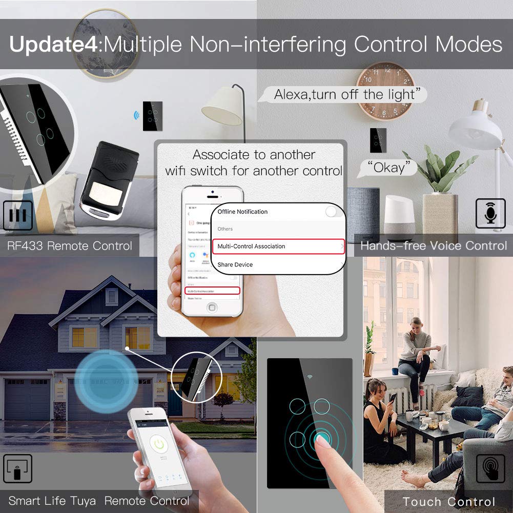 MOES WiFi Smart Touch Wall Light Switch, Neutral Wire Needed, Black 3 Gang | Glass Panel Switch, 3 Way Multi-Control; Works with Smart Life/Tuya App, RF433 Remote, Alexa and Google Home; 2.4GHz WiFi