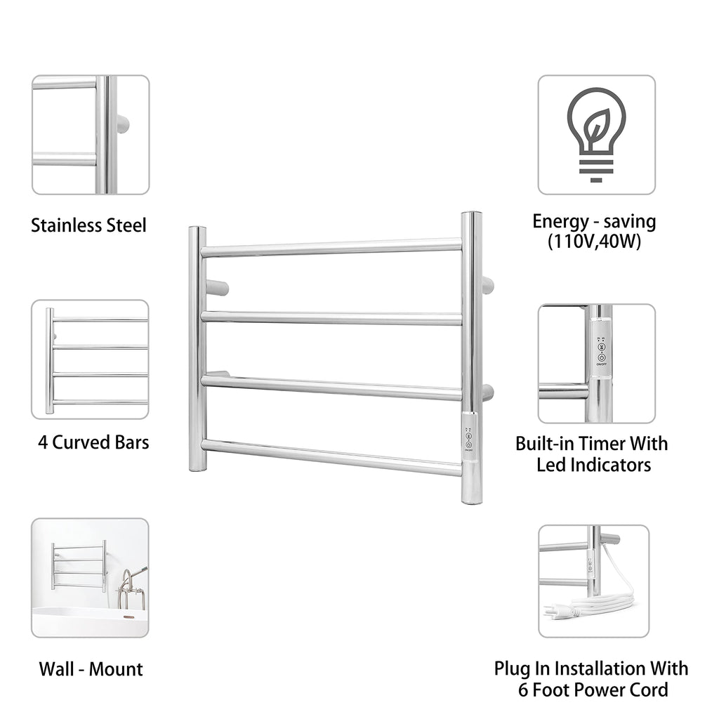 KEG Smart WiFi Towel Warmer Wall Mounted with Built-in Timer and Temperature Adjust Control, 4 Bars Electric Stainless Steel Heated Towel Racks for Bathroom Matte Black