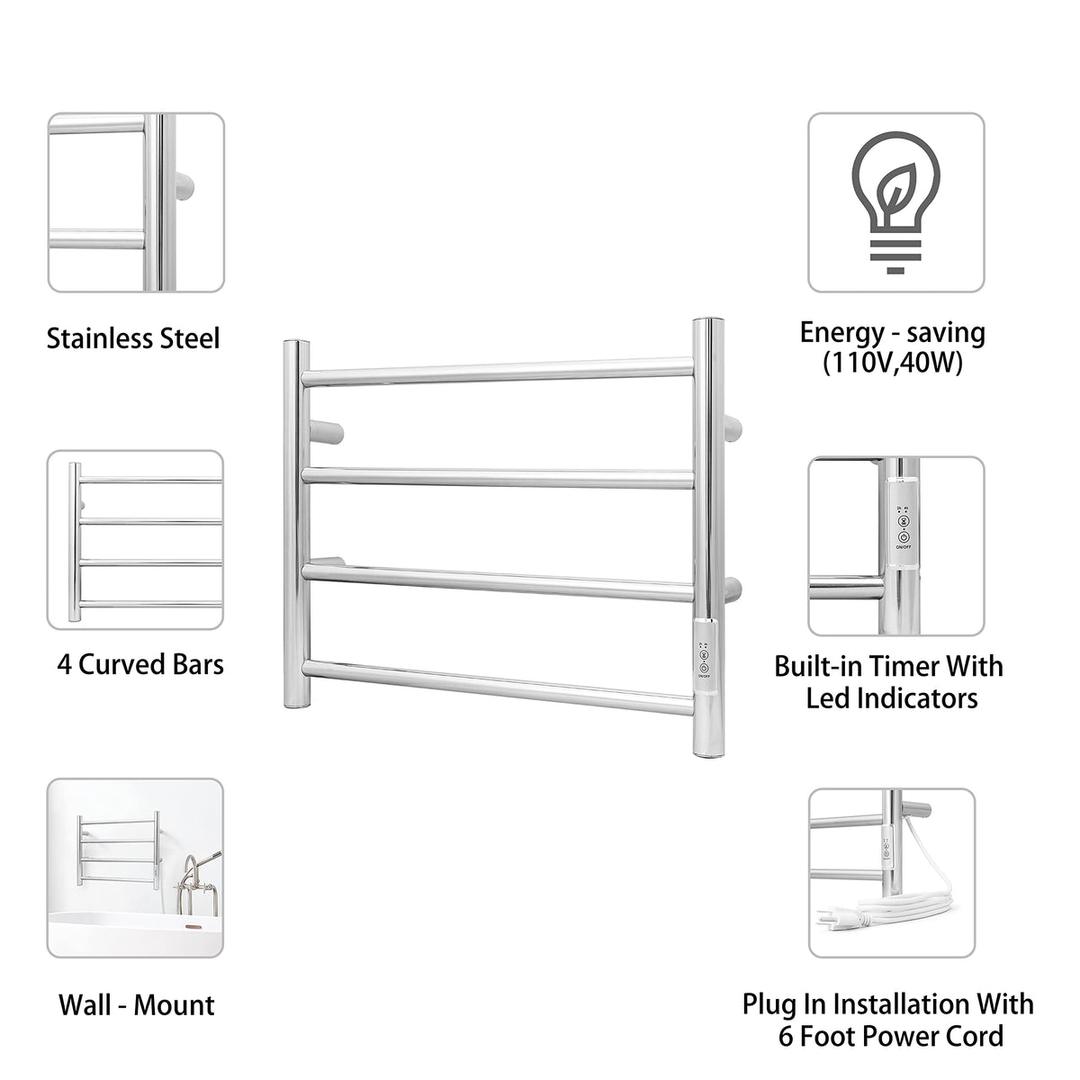 KEG Smart WiFi Towel Warmer Wall Mounted with Built-in Timer and Temperature Adjust Control, 4 Bars Electric Stainless Steel Heated Towel Racks for Bathroom Matte Black