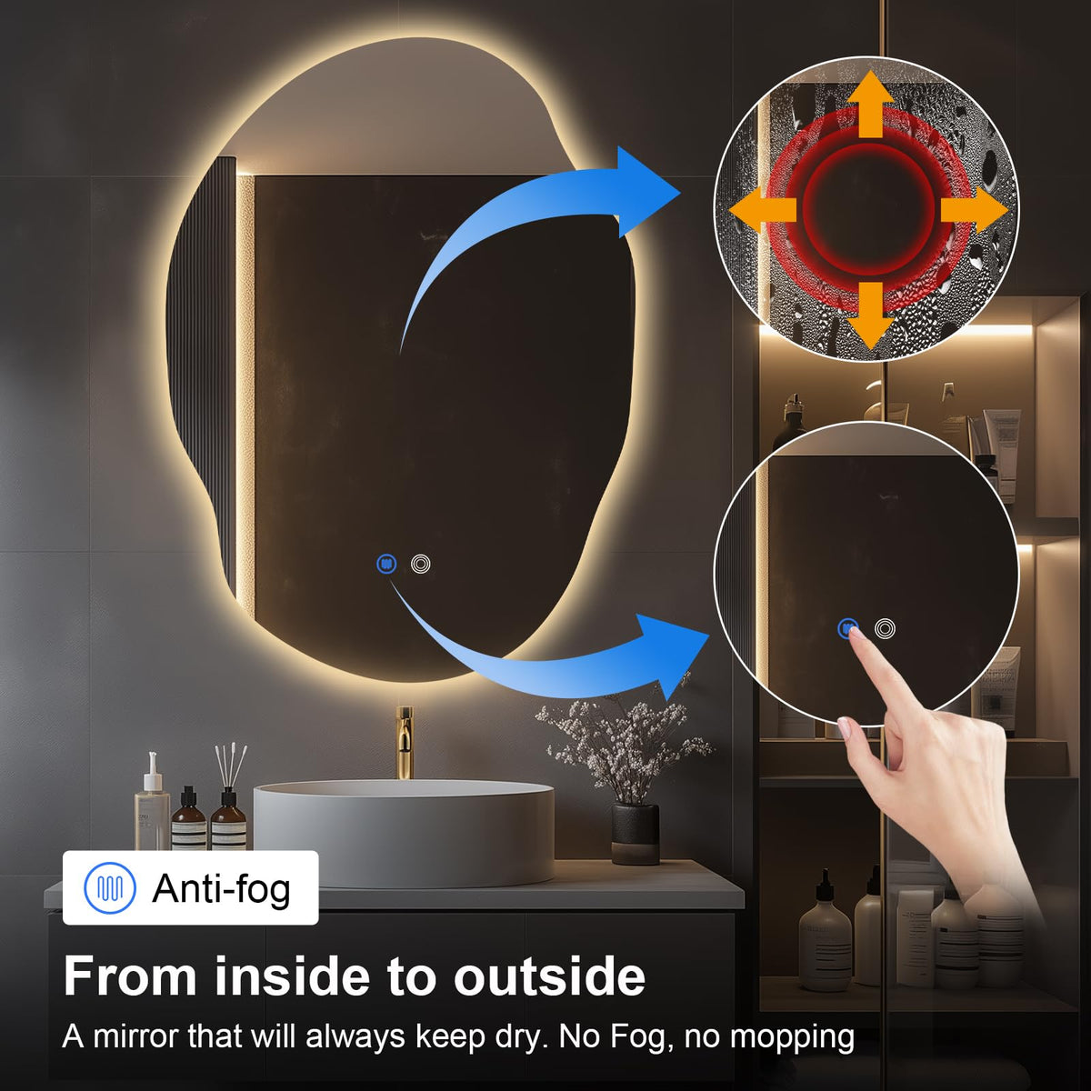 Asymmetrical LED Bathroom Mirror with Lights,Irregular Led Bathroom Vanity Mirror for Wall with Backlit, Anti Fog, 3 Colors and Dimmable Light,[Horizontal/Vertical] 48" H x 30" W