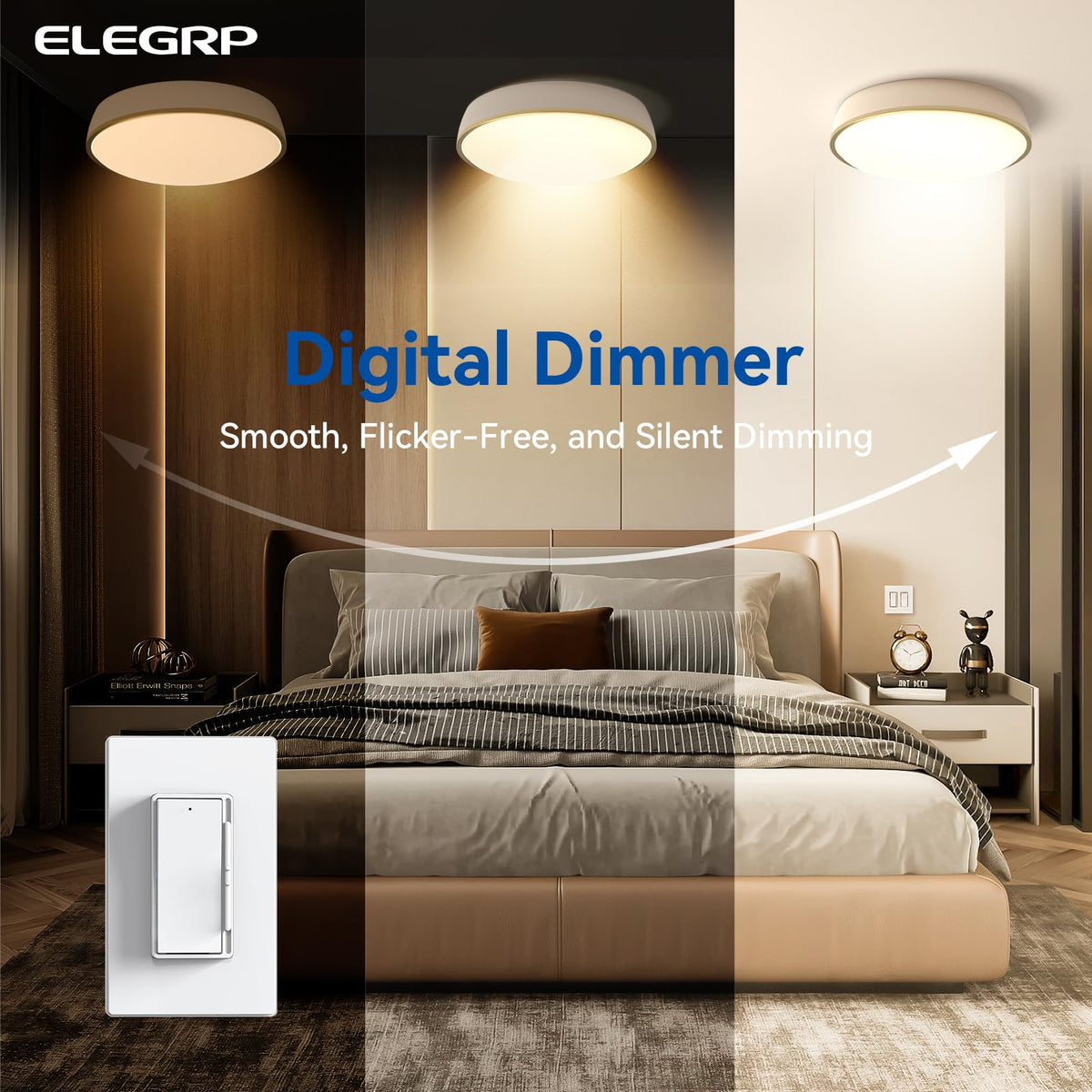 ELEGRP Digital Dimmer Light Switch for 300W Dimmable LED/CFL Lights and 600W Incandescent/Halogen, Single Pole/3-Way LED Slide Dimmer Light Switch, Wall Plate Included, UL Listed, 1 Pack, Matte Black