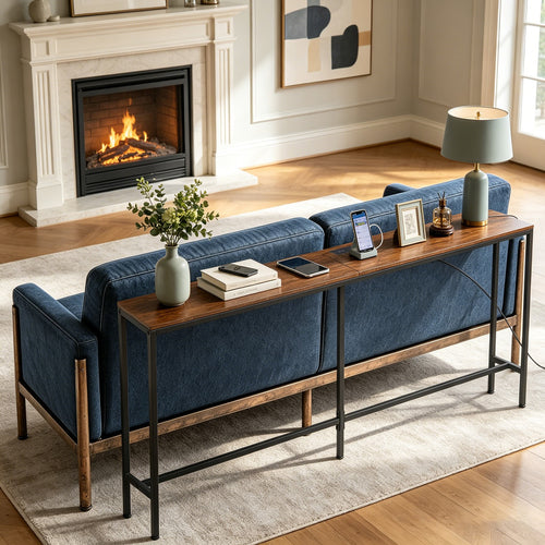 Console Table with Power Outlet Narrow Sofa Table 70.8" Behind Couch Table Brown