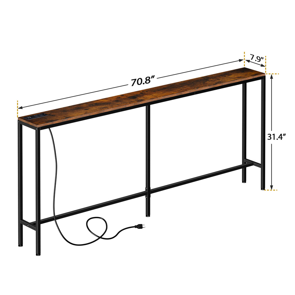 Console Table with Power Outlet Narrow Sofa Table 70.8" Behind Couch Table Brown