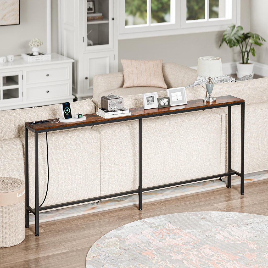 Console Table with Power Outlet Narrow Sofa Table 70.8" Behind Couch Table Brown