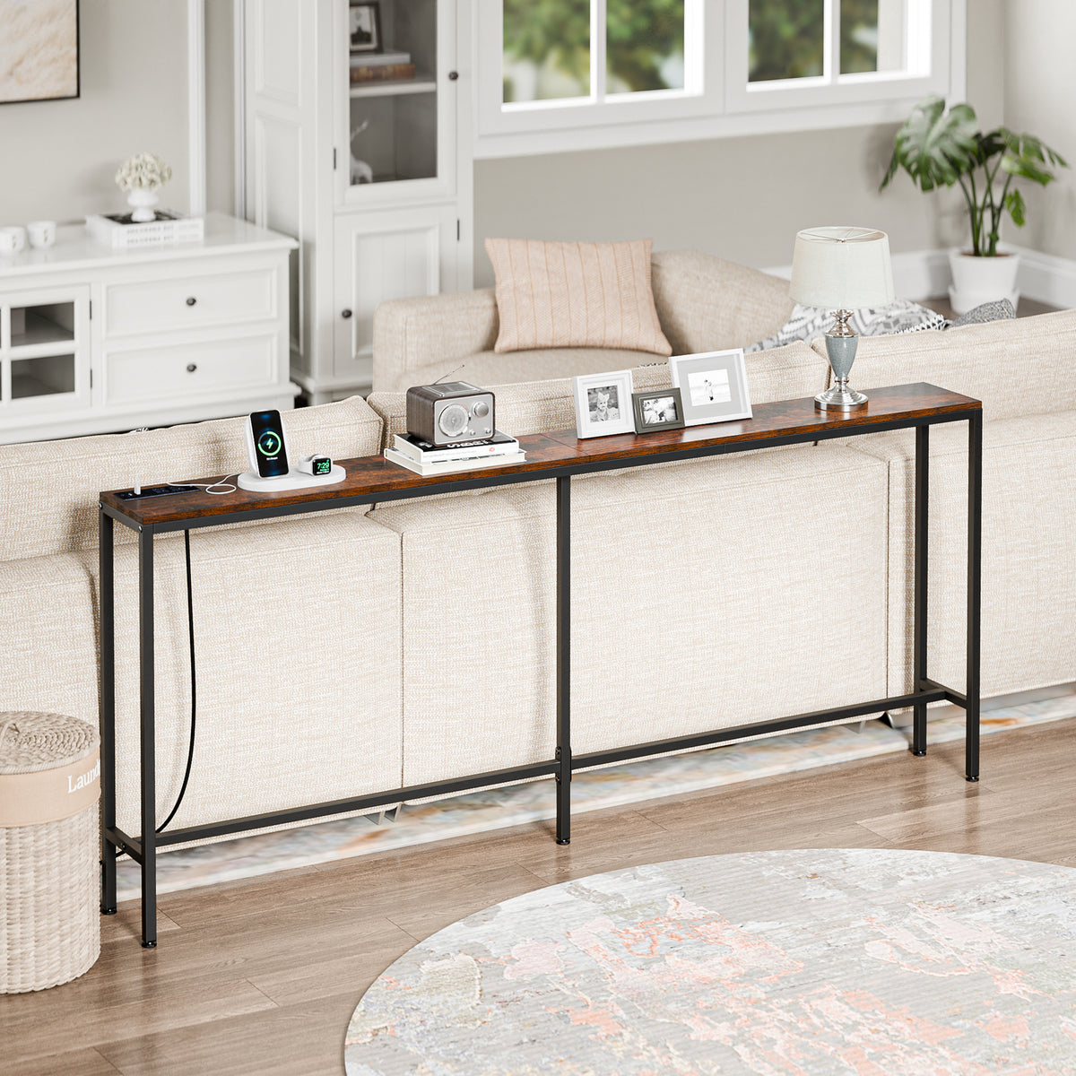 Console Table with Power Outlet Narrow Sofa Table 70.8" Behind Couch Table Brown