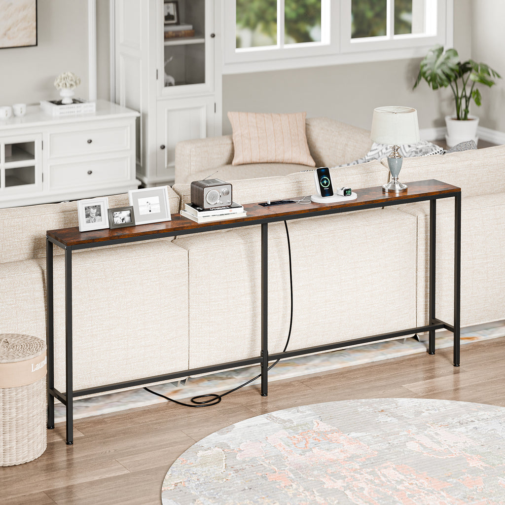 Console Table with Power Outlet Narrow Sofa Table 70.8" Behind Couch Table Brown